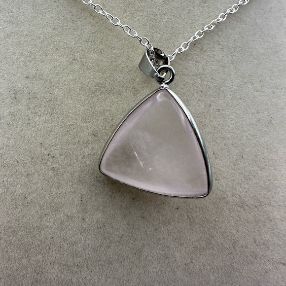 SOLD Triangle Rose Quartz Pendant Necklace on Box Chain - Picture 5 of 10